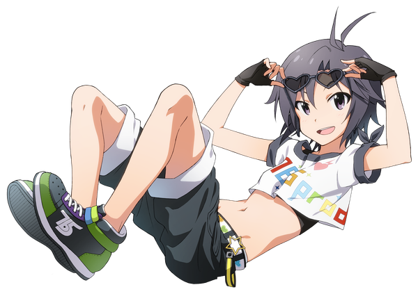 Anime picture 3036x2144 with idolmaster kikuchi makoto midiman single looking at viewer blush highres short hair open mouth smile purple eyes absurdres full body ahoge bent knee (knees) grey hair arms up bare belly transparent background street hopper