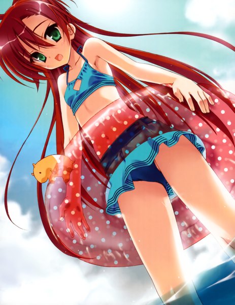 Anime picture 4669x6044 with kioku no mori no elis kobuichi single long hair tall image highres open mouth smile green eyes absurdres cloud (clouds) red hair :d scan dutch angle partially submerged girl swimsuit animal bikini