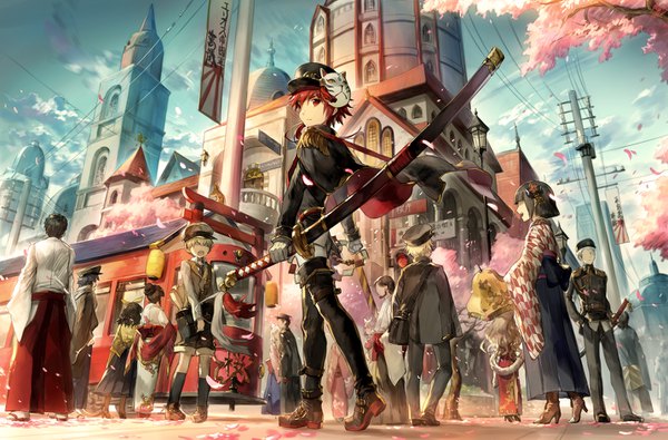 Anime picture 1432x945 with elsword elsword (character) scorpion5050 looking at viewer short hair red eyes multiple girls sky outdoors red hair traditional clothes japanese clothes looking back wind multiple boys from below cherry blossoms city chinese clothes 6+ girls