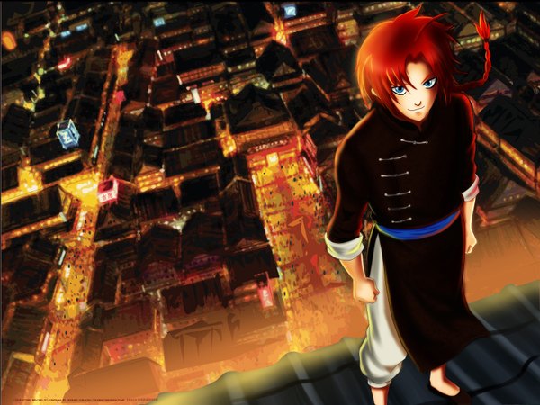 Anime picture 1600x1200 with gintama sunrise (studio) kamui (gintama) single long hair blue eyes smile red hair braid (braids) traditional clothes city looking up cityscape city lights boy