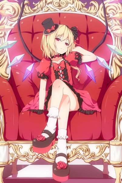 Anime picture 2350x3507 with touhou flandre scarlet d2c tall image looking at viewer fringe highres short hair blonde hair red eyes crossed legs looking down checkered floor checkered vampire girl flower (flowers) bow wings choker