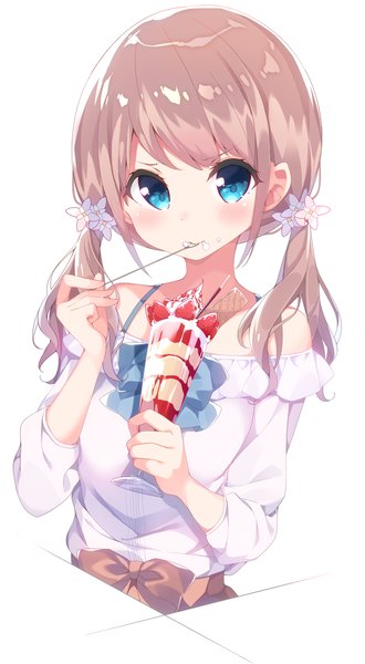 Anime picture 683x1240 with original chikuwa. single long hair tall image looking at viewer blush blue eyes blonde hair smile twintails holding mouth hold low twintails eating food on face girl bow food berry (berries)
