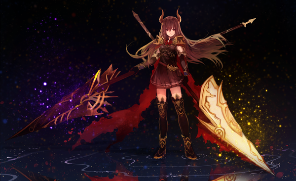 Anime picture 4116x2512 with shingeki no bahamut forte (shingeki no bahamut) tarbo (exxxpiation) single long hair looking at viewer fringe highres hair between eyes red eyes brown hair wide image standing holding absurdres full body horn (horns) dark background dual wielding ripples
