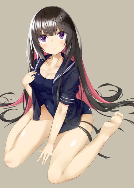 Anime picture 800x1122 with original kavka single tall image looking at viewer blush fringe breasts light erotic black hair simple background large breasts sitting purple eyes pink hair cleavage full body very long hair multicolored hair barefoot