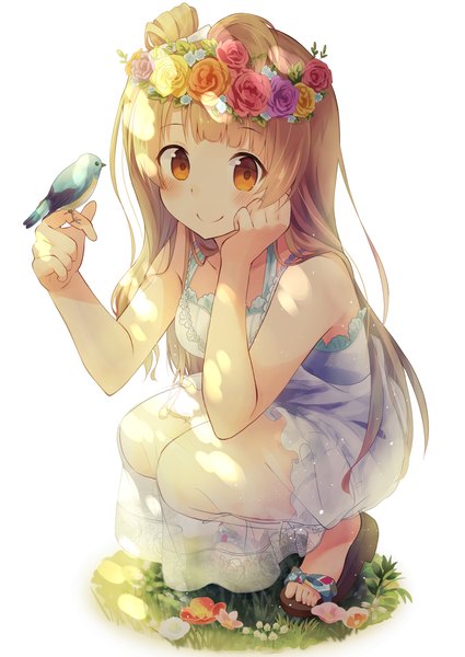Anime picture 912x1287 with love live! school idol project sunrise (studio) love live! minami kotori nonono (nononotea) long hair tall image blush simple background blonde hair smile white background bare shoulders brown eyes full body hair flower arm support squat bird on hand girl