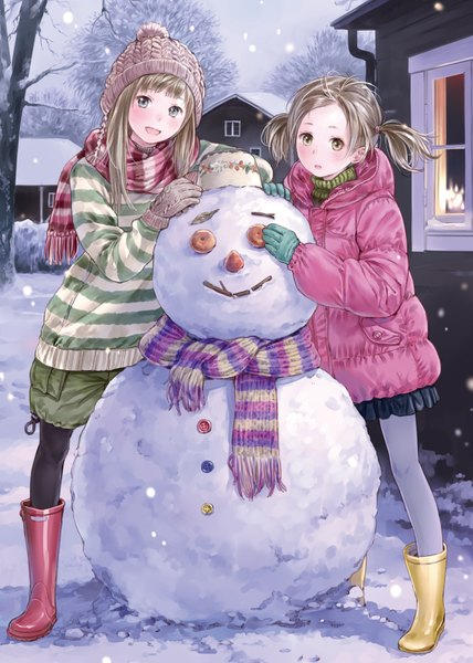 Anime picture 2976x4175 with original kishida mel long hair tall image blush highres short hair open mouth blue eyes smile brown hair standing twintails multiple girls brown eyes absurdres scan short twintails snowing winter
