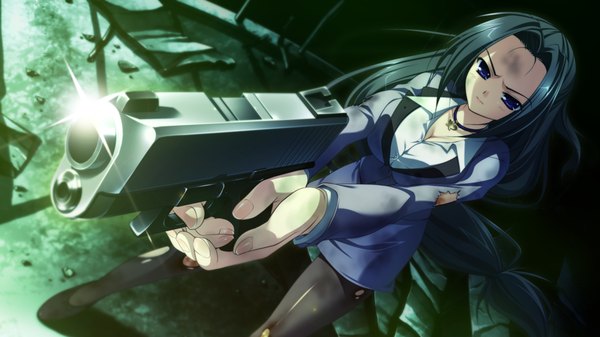 Anime picture 1280x720 with root double fsubakiyama ena long hair black hair wide image purple eyes game cg girl weapon gun suit