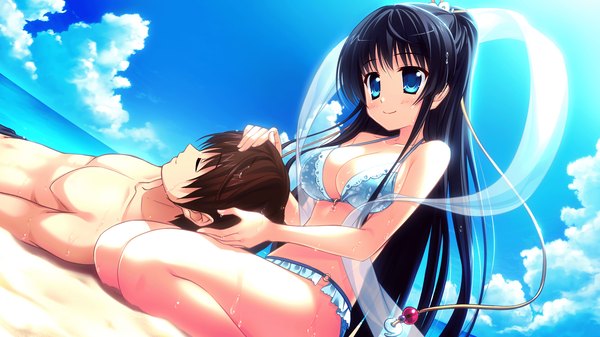 Anime picture 2560x1440 with magical marriage lunatics!! mitsunotama yorihime yamakaze ran long hair blush highres breasts blue eyes light erotic black hair smile brown hair wide image game cg sky cloud (clouds) couple beach girl boy