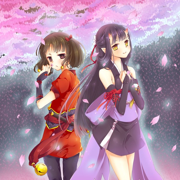 Anime picture 1681x1681 with tales of (series) tales of innocence chitose charma sakaya (tales of innocence) meru0810 long hair short hair smile brown hair multiple girls brown eyes yellow eyes purple hair traditional clothes japanese clothes horn (horns) cherry blossoms girl 2 girls plant (plants)