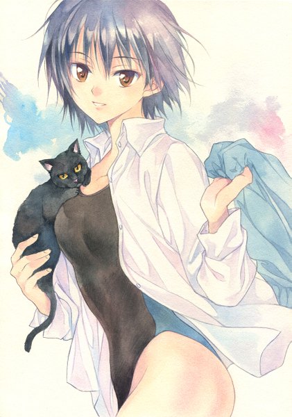 Anime picture 843x1200 with amagami nanasaki ai agahari single tall image looking at viewer short hair smile brown eyes purple hair open clothes open shirt traditional media watercolor (medium) girl swimsuit animal shirt white shirt cat