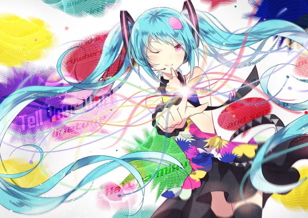 Anime picture 1200x848 with vocaloid tell your world (vocaloid) hatsune miku domotolain single blush twintails very long hair one eye closed pink eyes wink aqua hair inscription tattoo zettai ryouiki girl thighhighs dress ribbon (ribbons) black thighhighs