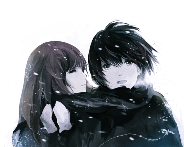 Anime picture 7680x6144 with hanyijie long hair blush fringe highres short hair open mouth black hair white background absurdres profile wind lips snowing looking up winter snow exhalation shared scarf girl