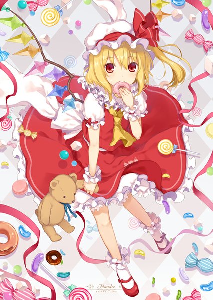 Anime picture 570x800 with touhou flandre scarlet 6u (eternal land) single tall image looking at viewer blush short hair blonde hair red eyes one side up eating rhombus girl skirt wings socks food frills sweets