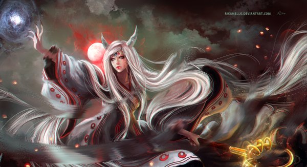 Anime picture 2500x1360 with naruto studio pierrot naruto (series) ootsutsuki kaguya rikamello single highres blue eyes wide image holding looking away white hair very long hair nail polish traditional clothes japanese clothes horn (horns) fingernails realistic lipstick