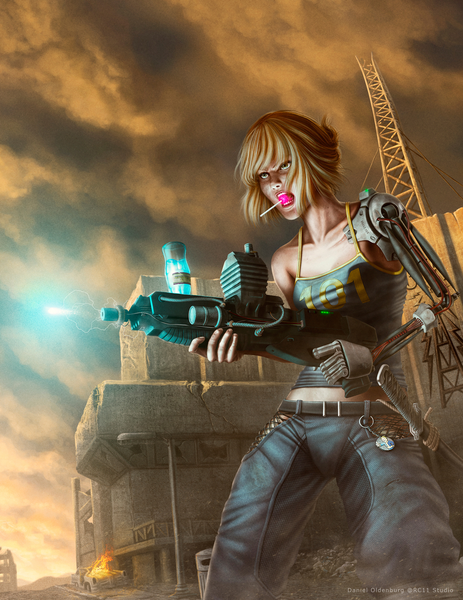 Anime picture 1100x1423 with tagme (artist) single tall image short hair open mouth blonde hair bare shoulders green eyes looking away lips teeth mechanical arms post-apocalyptic girl weapon shirt sword food belt sweets