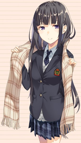 Anime picture 529x935 with original kimura (ykimu) single long hair tall image looking at viewer blush fringe black hair smile standing purple eyes holding pleated skirt plaid skirt pink background striped background girl skirt uniform
