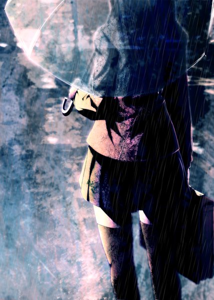 Anime picture 1275x1789 with original mubouou aasaa single tall image rain transparent umbrella girl thighhighs skirt uniform school uniform umbrella school bag