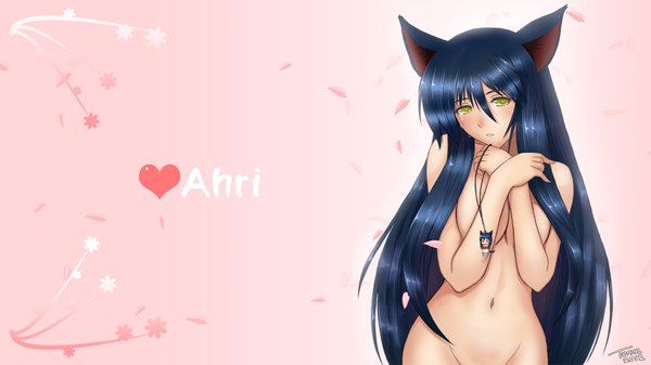 Anime picture 1920x1080 with league of legends ahri (league of legends) tonnelee single long hair looking at viewer blush highres light erotic simple background wide image animal ears yellow eyes blue hair midriff topless pink background girl navel petals