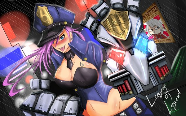 Anime picture 1654x1034 with league of legends vi (league of legends) vladimir (league of legends) torahime (roland00) single long hair looking at viewer blush short hair breasts blue eyes light erotic large breasts pink hair grey hair black eyes tattoo girl uniform weapon
