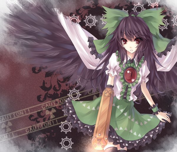 Anime picture 2550x2200 with touhou reiuji utsuho asuka (louyun) single long hair highres black hair red eyes arm cannon girl bow weapon hair bow wings