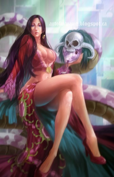 Anime picture 3300x5100 with one piece toei animation boa hancock salome (one piece) mikaelwang single long hair tall image highres breasts blue eyes light erotic absurdres cleavage purple hair lips realistic midriff girl navel