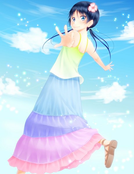 Anime picture 709x921 with original noppi (noppi 98) single long hair tall image blush blue eyes smile blue hair sky cloud (clouds) looking back hair flower girl skirt hair ornament flower (flowers) t-shirt