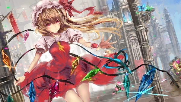 Anime picture 2576x1449 with touhou flandre scarlet rinaka moruchi single long hair looking at viewer blush highres short hair blonde hair red eyes wide image girl dress flower (flowers) bow weapon wings bonnet crystal