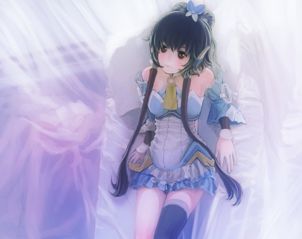 Anime picture 2480x1962 with vocaloid vocaloid china luo tianyi long hair highres black hair twintails black eyes reclining girl thighhighs dress black thighhighs headphones pillow short dress microphone