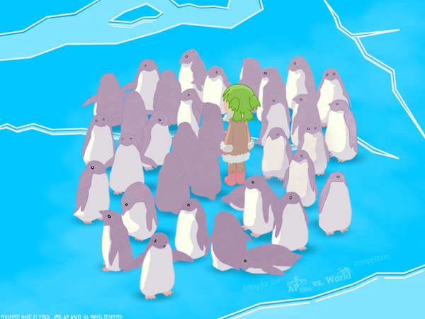 Anime picture 1600x1200 with yotsubato koiwai yotsuba animal bird (birds) penguin