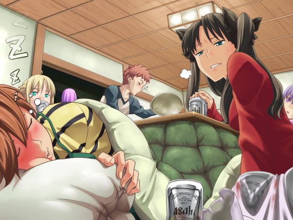 Anime picture 1600x1200 with fate (series) fate/stay night studio deen type-moon asahi (company) asahi (beer) artoria pendragon (all) saber toosaka rin matou sakura rider emiya shirou fujimura taiga fukurou highres twintails multiple girls eyes closed sleeping drunk