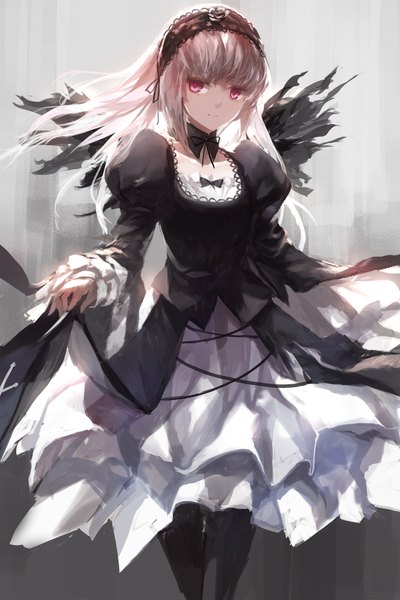 Anime picture 1134x1701 with rozen maiden suigintou swd3e2 single long hair tall image looking at viewer white hair pink eyes black wings dress lift lolita fashion goth-loli girl dress wings boots frills hairband