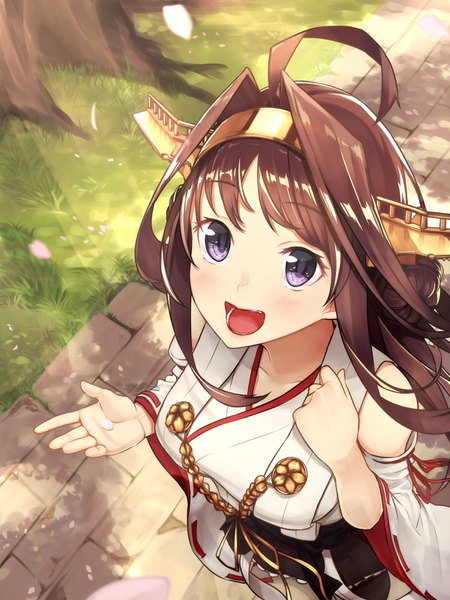Anime picture 2400x3200 with kantai collection kongou battleship baffu single long hair tall image blush highres open mouth smile brown hair standing purple eyes bare shoulders holding ahoge outdoors long sleeves :d japanese clothes