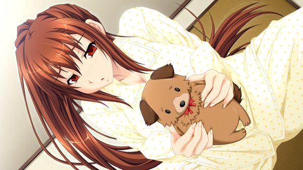 Anime picture 1280x720 with dekakute ecchi na ore no ane long hair red eyes brown hair wide image game cg ponytail girl toy stuffed animal pajamas