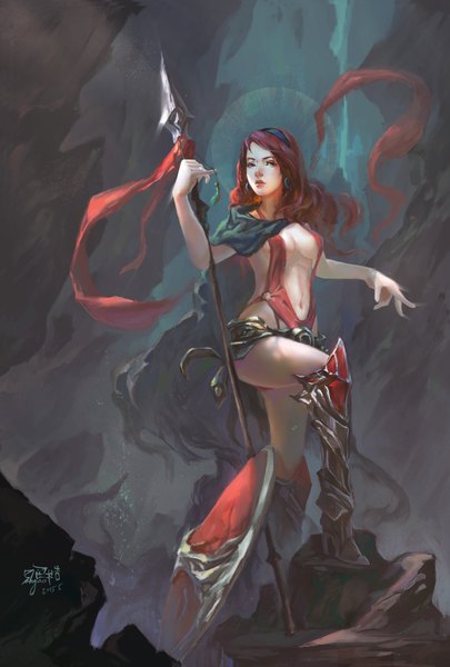 Anime picture 2958x4381 with league of legends pantheon (league of legends) 32106fu single long hair tall image looking at viewer highres breasts light erotic green eyes red hair lips lipstick red lipstick genderswap girl navel weapon armor