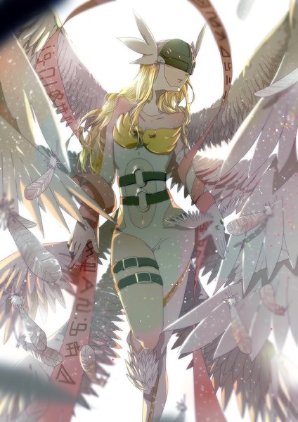 Anime picture 707x1000 with digimon digimon adventure angewomon winni single long hair tall image blonde hair standing wavy hair bat wings head wings white wings multiple wings girl navel ribbon (ribbons) wings feather (feathers) bodysuit