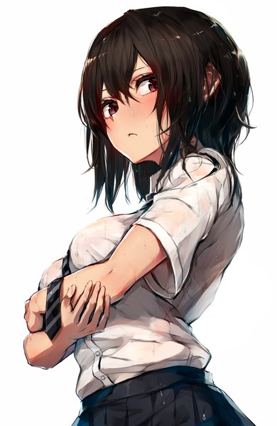 Anime picture 1080x1660 with original watao single tall image looking at viewer blush fringe short hair breasts light erotic black hair simple background hair between eyes red eyes white background looking away wet crossed arms wet clothes girl