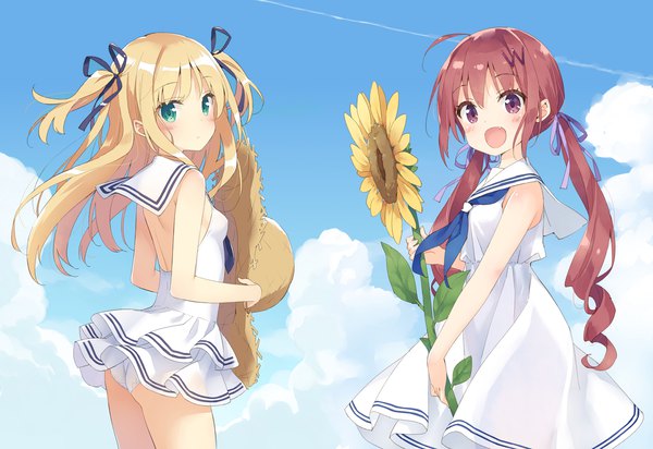 Anime picture 1570x1080 with original shimotsuki potofu hazuki watora kani biimu looking at viewer blush breasts open mouth light erotic blonde hair brown hair standing purple eyes twintails multiple girls green eyes sky cloud (clouds) ahoge ass