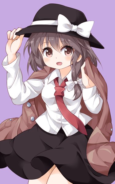 Anime picture 800x1280 with touhou usami renko ruu (tksymkw) single long hair tall image looking at viewer blush fringe open mouth simple background hair between eyes brown hair brown eyes :d clothes on shoulders adjusting hat purple background girl skirt