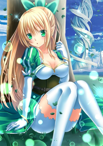 Anime picture 778x1100 with sword art online a-1 pictures leafa toshi (1-147) single long hair tall image looking at viewer blush open mouth blonde hair green eyes sky cloud (clouds) ponytail girl thighhighs dress gloves plant (plants)