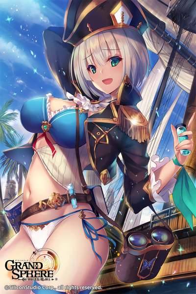 Anime picture 760x1140 with grand sphere fukai ryosuke single tall image looking at viewer fringe short hair breasts open mouth light erotic large breasts standing holding sky cleavage cloud (clouds) outdoors white hair :d arm up