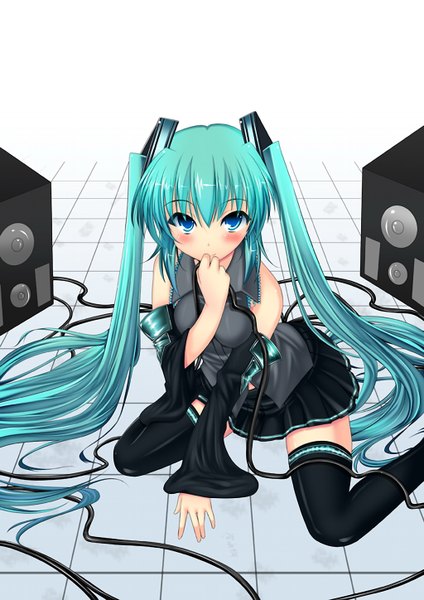 Anime picture 1024x1448 with vocaloid hatsune miku long hair tall image blush blue eyes twintails bare shoulders green hair girl thighhighs speakers