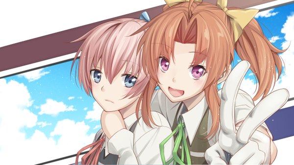 Anime picture 1280x720 with kantai collection shiranui destroyer kagerou destroyer ataru (cha2batake) long hair blush open mouth blue eyes smile brown hair wide image purple eyes multiple girls pink hair sky cloud (clouds) ponytail victory girl gloves