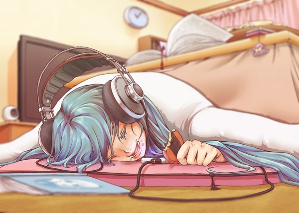 Anime picture 1280x915 with vocaloid hatsune miku megurine luka takoluka nigiriushi single long hair blush open mouth twintails eyes closed aqua hair on stomach saliva sleeping food on face girl food headphones book (books)