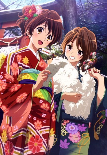 Anime picture 4090x5923 with hibike! euphonium kyoto animation oumae kumiko oumae mamiko ikeda shouko tall image looking at viewer blush highres short hair open mouth brown hair purple eyes multiple girls brown eyes absurdres traditional clothes japanese clothes hair flower official art