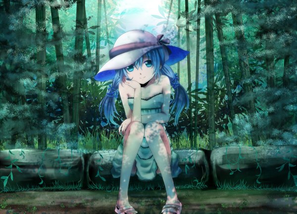 Anime picture 1300x937 with vocaloid hatsune miku mariwai (marireroy) single long hair looking at viewer blue eyes sitting twintails bare shoulders blue hair bamboo forest girl dress plant (plants) hat tree (trees) grass forest