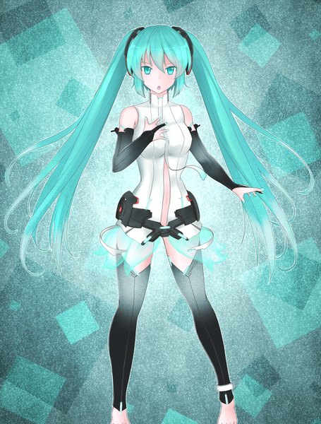 Anime picture 1100x1450 with vocaloid vocaloid append hatsune miku hatsune miku (append) butatikin (artist) single long hair tall image looking at viewer open mouth twintails bare shoulders barefoot aqua eyes aqua hair hand on chest girl