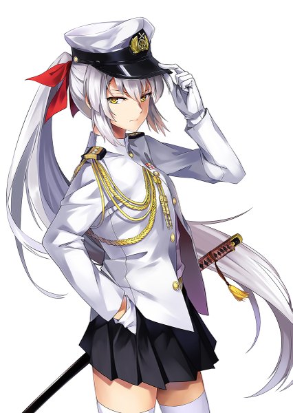 Anime picture 853x1200 with kantai collection female admiral (kantai collection) neko (yanshoujie) single tall image looking at viewer fringe simple background hair between eyes standing white background yellow eyes payot silver hair ponytail long sleeves very long hair pleated skirt zettai ryouiki outstretched arm