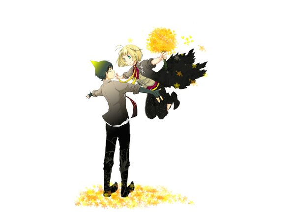 Anime picture 1280x960 with ao no exorcist a-1 pictures moriyama shiemi amaimon short hair open mouth blonde hair simple background white background green eyes green hair couple hug girl boy shirt necktie leaf (leaves) vest bouquet