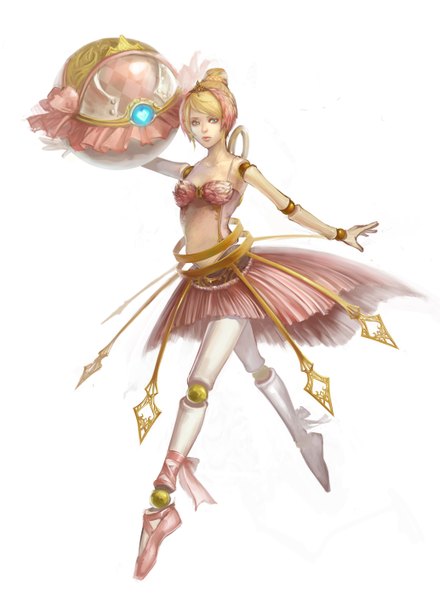 Anime picture 1034x1410 with league of legends orianna (league of legends) single tall image looking at viewer blonde hair mechanical dancing ballet girl dress weapon heart ball key prosthesis