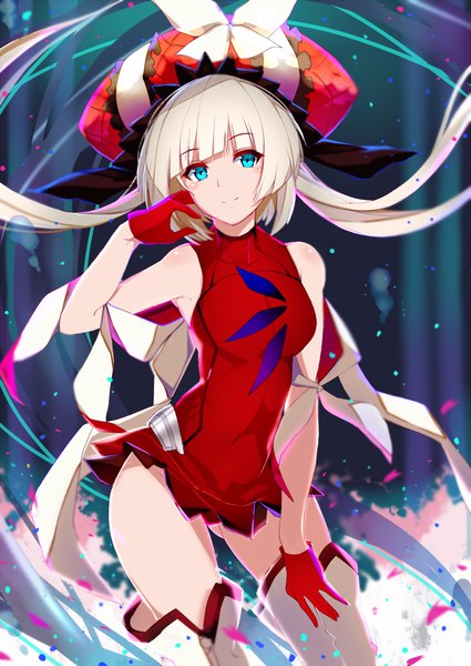 Anime picture 800x1129 with fate (series) fate/grand order marie antoinette (fate/grand order) kameponde single long hair tall image looking at viewer fringe blue eyes light erotic smile twintails bare shoulders white hair blunt bangs ass visible through thighs dark background girl dress